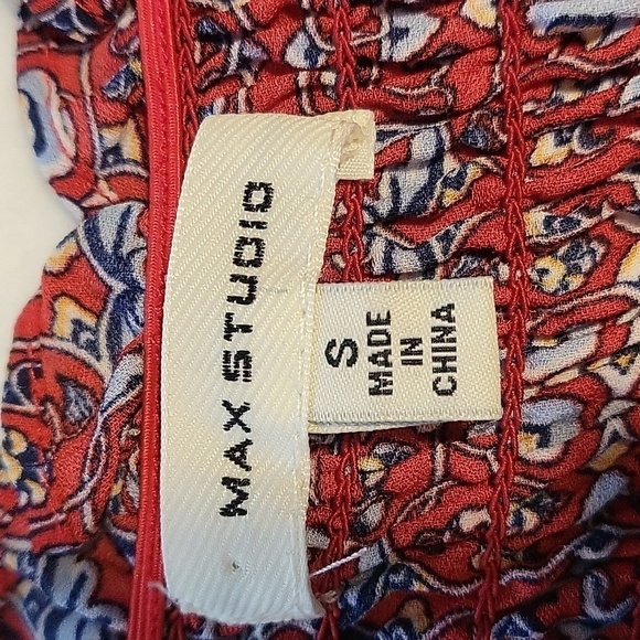 Max Studio Smocked On or Off Shoulder Red Print Tiered Boho Maxi Dress Size S - Picture 7 of 12